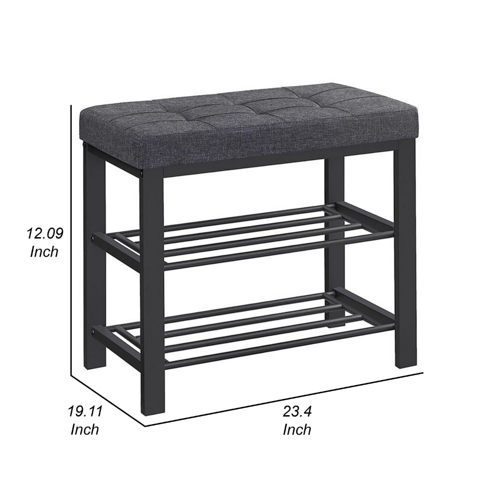 Lee 24 Inch Shoe Rack, Cushioned Tufted Seat, 2 Shelves, Dark Gray, Black - BM315795