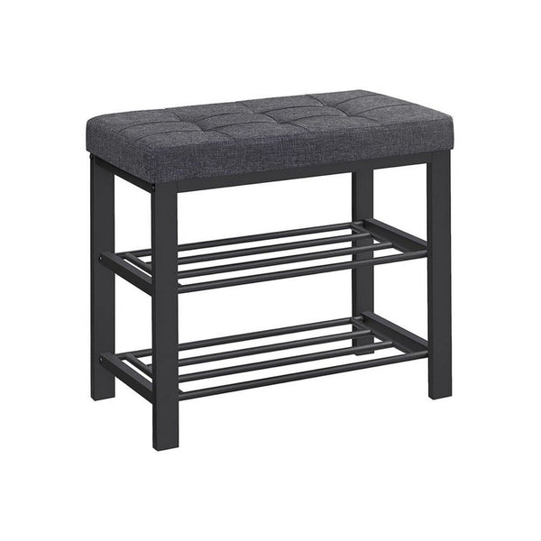 Lee 24 Inch Shoe Rack, Cushioned Tufted Seat, 2 Shelves, Dark Gray, Black - BM315795