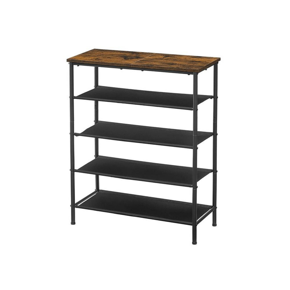 Byn 36 Inch Modern Shoe Rack, 5 Tier Adjustable Shelves, Black Steel, Brown - BM315812