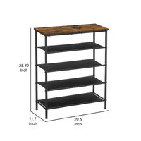 Byn 36 Inch Modern Shoe Rack, 5 Tier Adjustable Shelves, Black Steel, Brown - BM315812