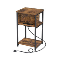 23 Inch Side End Table with USB Charging, 1 Shelf, Black Steel Brown Wood - BM315816