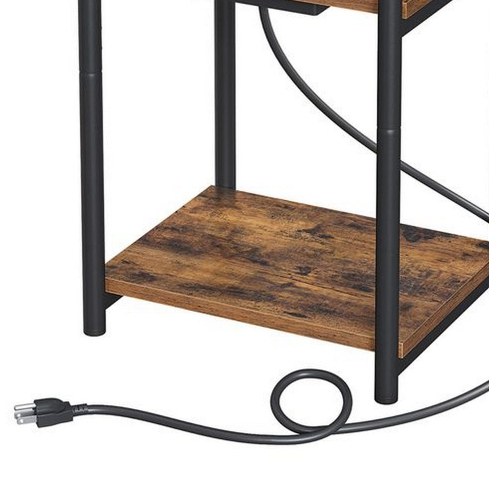 23 Inch Side End Table with USB Charging, 1 Shelf, Black Steel Brown Wood - BM315816