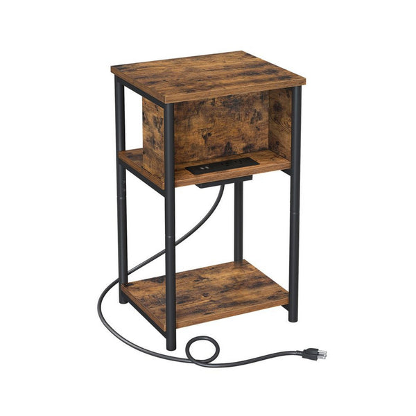 23 Inch Side End Table with USB Charging, 1 Shelf, Black Steel Brown Wood - BM315816