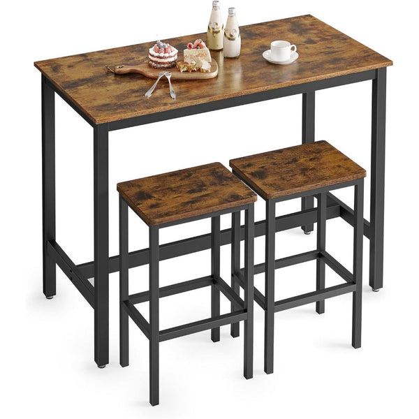 3pc Modern Bar Table Set with 2 Barstool Chairs, Black Metal Brown Wood - BM315817