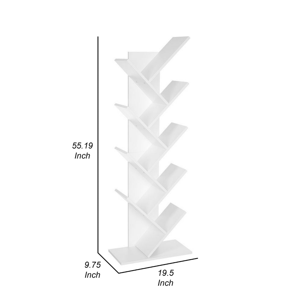 56 Inch Modern Bookcase, 8 Tree Style Branched Shelves, White Wood - BM315818