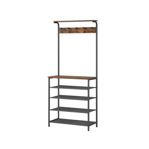 72 Inch Clothing Rack with Shoe Stand, 5 Tier Shelves, Hooks, Black Iron - BM315820