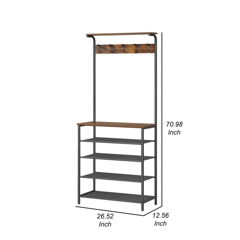 72 Inch Clothing Rack with Shoe Stand, 5 Tier Shelves, Hooks, Black Iron - BM315820