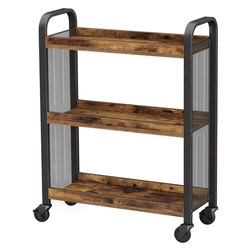 33 Inch Rolling Kitchen Bar Cart, 3 Shelves, Black Steel Brown Wood - BM315822