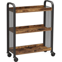 33 Inch Rolling Kitchen Bar Cart, 3 Shelves, Black Steel Brown Wood - BM315822