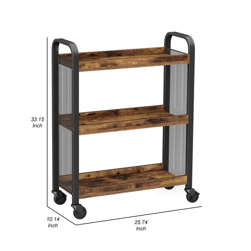 33 Inch Rolling Kitchen Bar Cart, 3 Shelves, Black Steel Brown Wood - BM315822