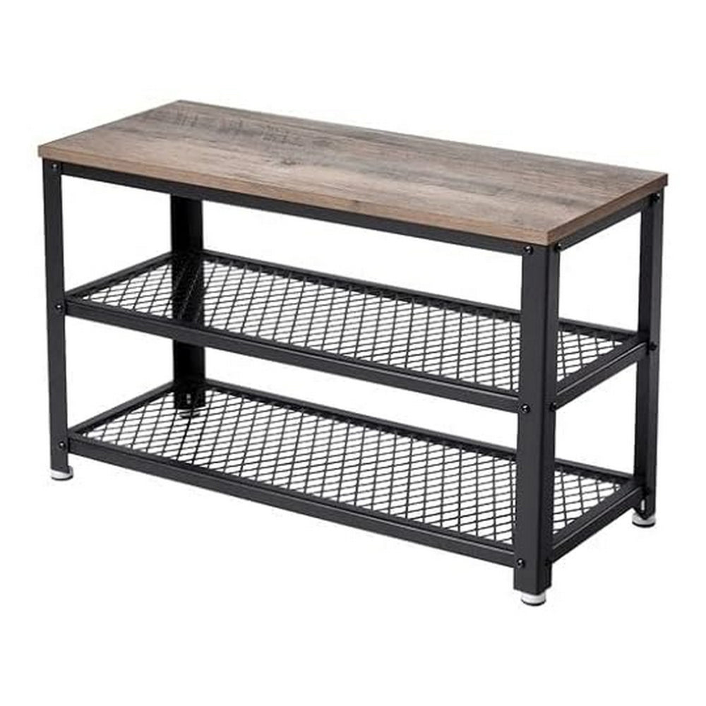 29 Inch Shoe Storage Bench, 3 Tier Shelves, Mesh Black Steel, Brown Wood - BM315823