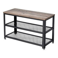 29 Inch Shoe Storage Bench, 3 Tier Shelves, Mesh Black Steel, Brown Wood - BM315823