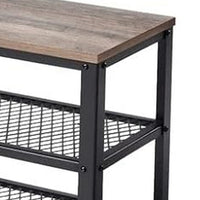 29 Inch Shoe Storage Bench, 3 Tier Shelves, Mesh Black Steel, Brown Wood - BM315823