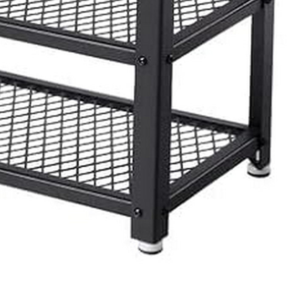 29 Inch Shoe Storage Bench, 3 Tier Shelves, Mesh Black Steel, Brown Wood - BM315823