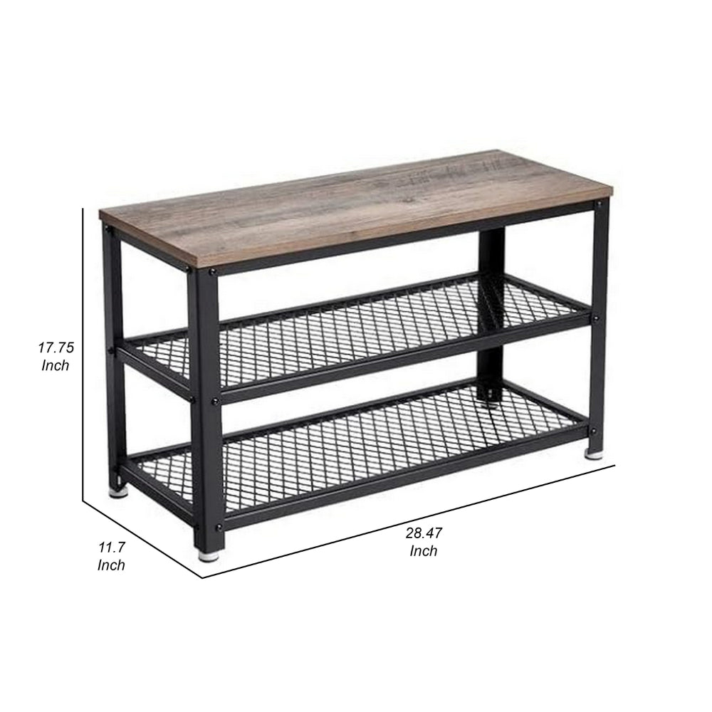 29 Inch Shoe Storage Bench, 3 Tier Shelves, Mesh Black Steel, Brown Wood - BM315823