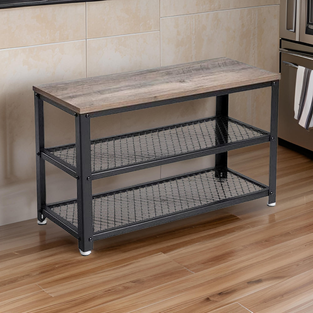 29 Inch Shoe Storage Bench, 3 Tier Shelves, Mesh Black Steel, Brown Wood - BM315823