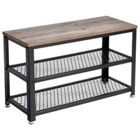 29 Inch Shoe Storage Bench, 3 Tier Shelves, Mesh Black Steel, Brown Wood - BM315823