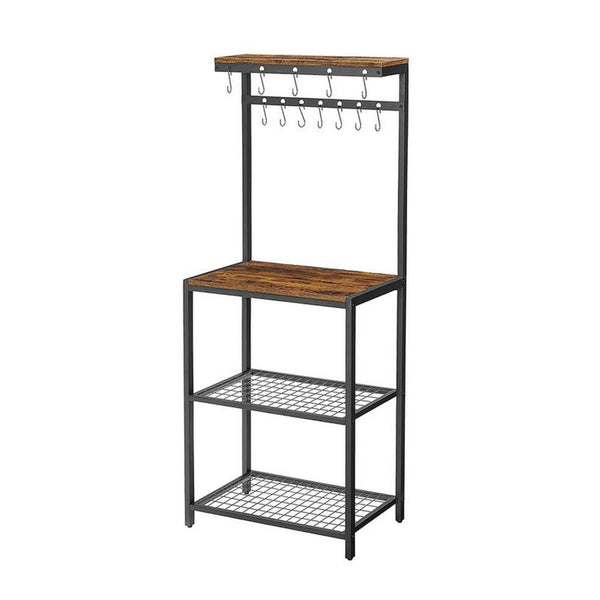 60 Inch Kitchen Storage Rack, 3 Tier Shelves, Hanging Hooks, Black Iron - BM315824