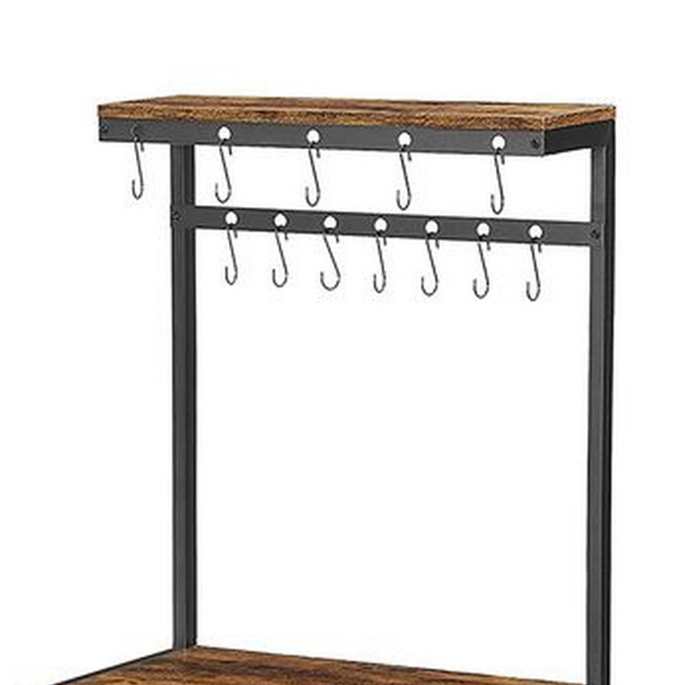 60 Inch Kitchen Storage Rack, 3 Tier Shelves, Hanging Hooks, Black Iron - BM315824