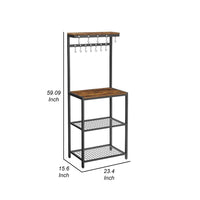 60 Inch Kitchen Storage Rack, 3 Tier Shelves, Hanging Hooks, Black Iron - BM315824