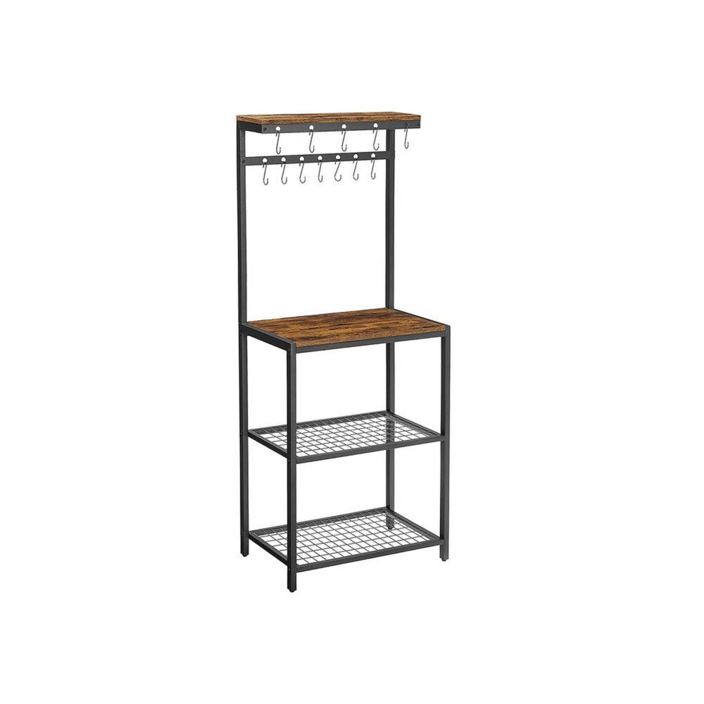 60 Inch Kitchen Storage Rack, 3 Tier Shelves, Hanging Hooks, Black Iron - BM315824