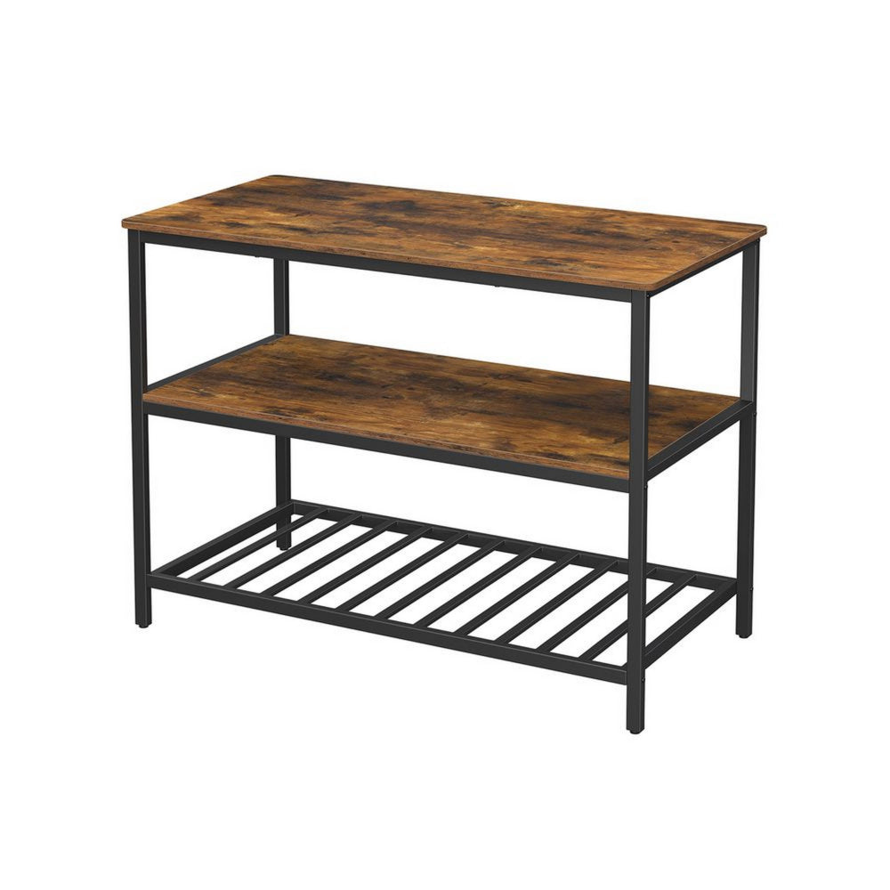 47 Inch Kitchen Storage Rack, 3 Tier Shelves, Black Iron, Brown Wood - BM315825