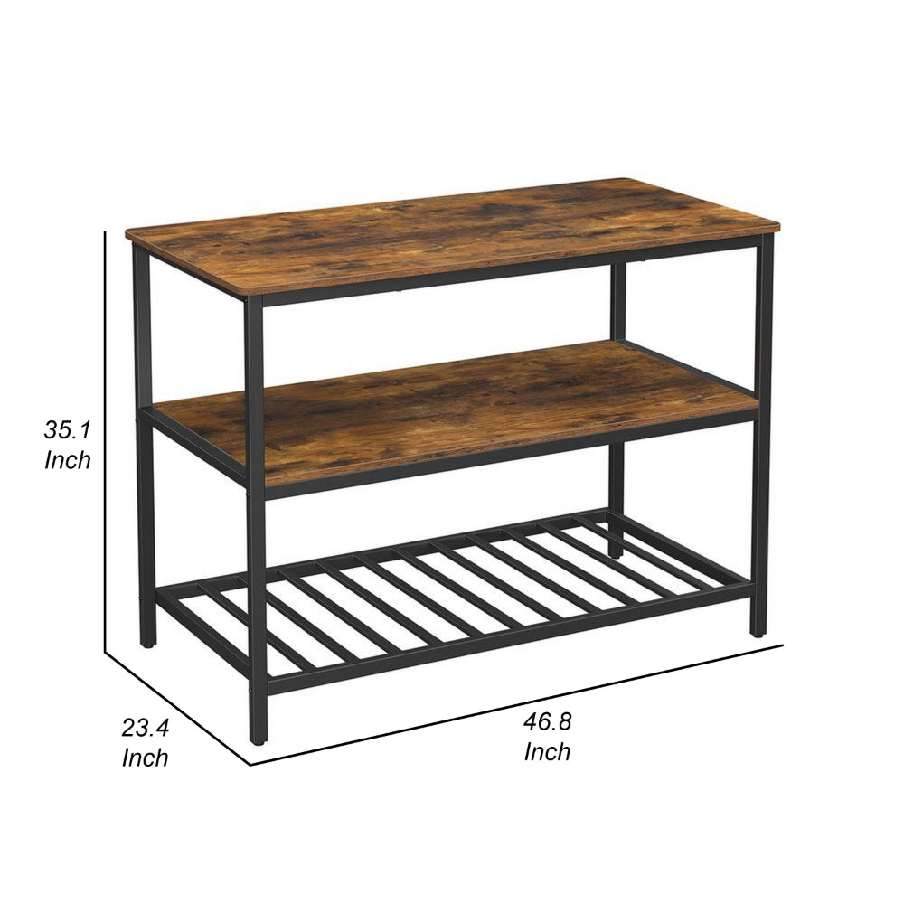 47 Inch Kitchen Storage Rack, 3 Tier Shelves, Black Iron, Brown Wood - BM315825