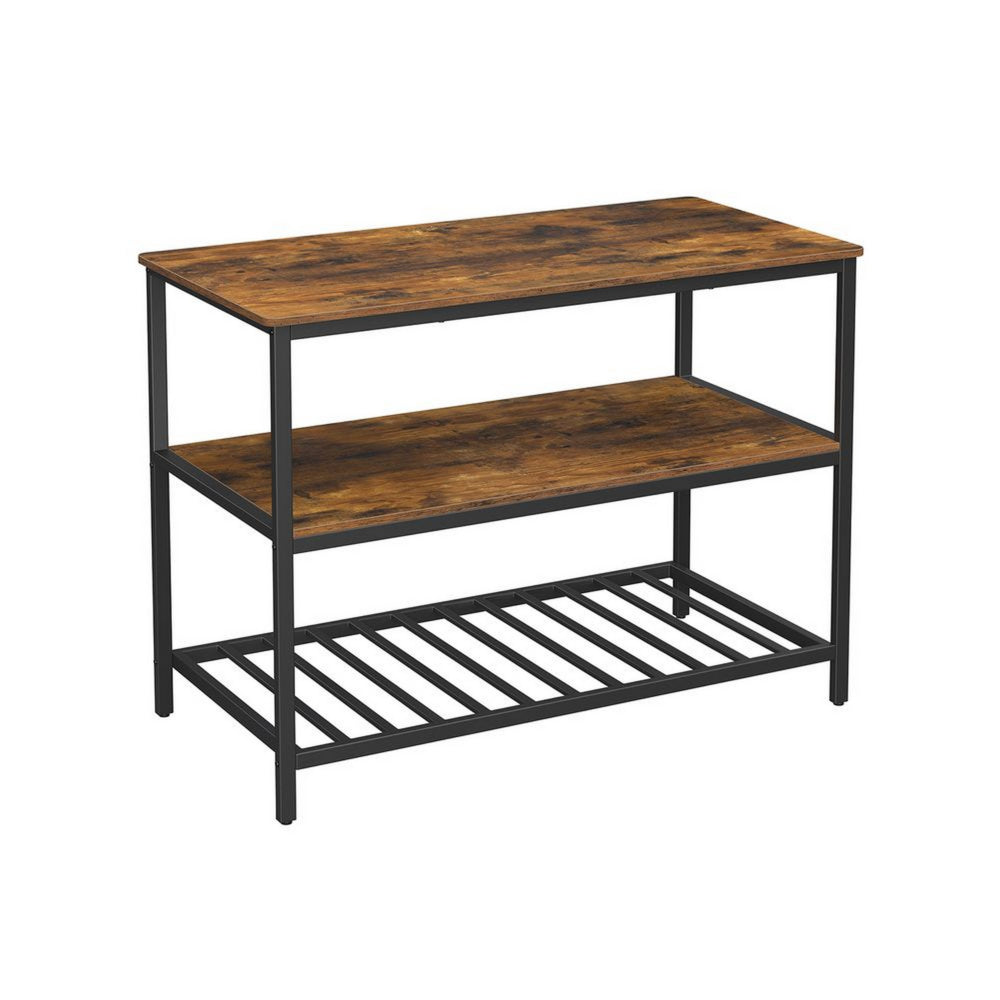 47 Inch Kitchen Storage Rack, 3 Tier Shelves, Black Iron, Brown Wood - BM315825