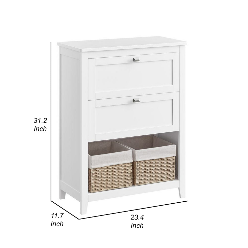 31 Inch Storage Cabinet with 2 Drawers and Baskets, Divider, White Wood - BM315826