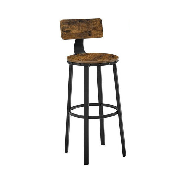 29 Inch Modern Barstool Chair Set of 2, Panel Back, Brown Wood, Black Iron - BM315827