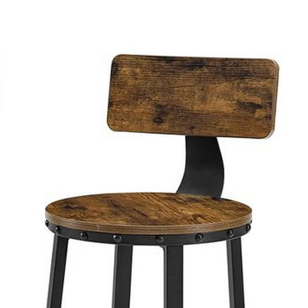 29 Inch Modern Barstool Chair Set of 2, Panel Back, Brown Wood, Black Iron - BM315827