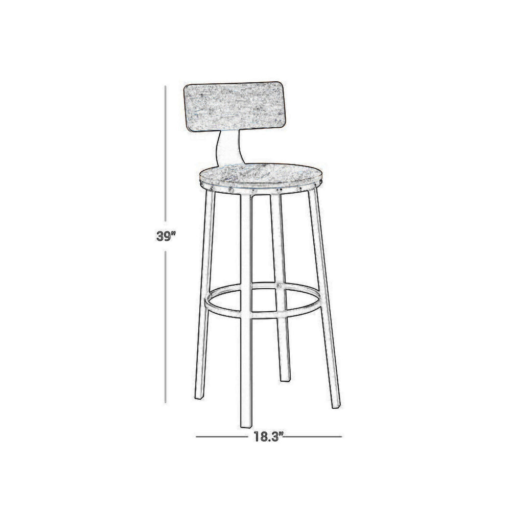 29 Inch Modern Barstool Chair Set of 2, Panel Back, Brown Wood, Black Iron - BM315827