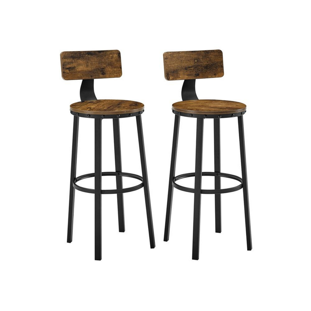 29 Inch Modern Barstool Chair Set of 2, Panel Back, Brown Wood, Black Iron - BM315827