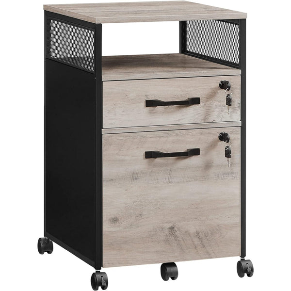 27 Inch File Storage Cabinet with Key Lock, Caster Wheels, Gray Black Wood - BM315830