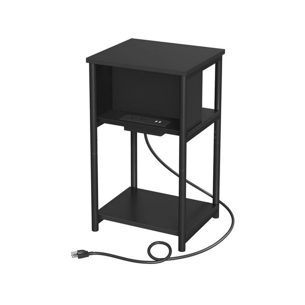 23 Inch Side End Table, USB Charging Point, Open Shelf, Black Steel Wood - BM315831