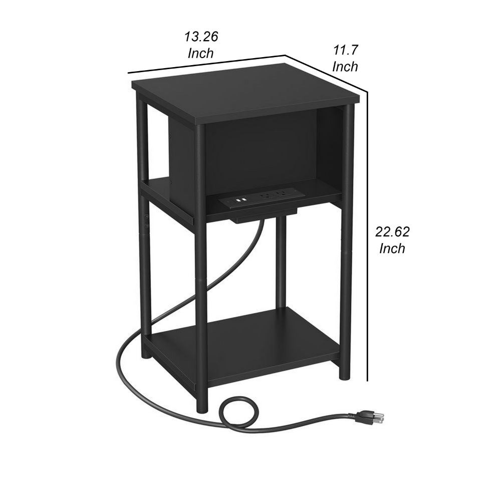 23 Inch Side End Table, USB Charging Point, Open Shelf, Black Steel Wood - BM315831