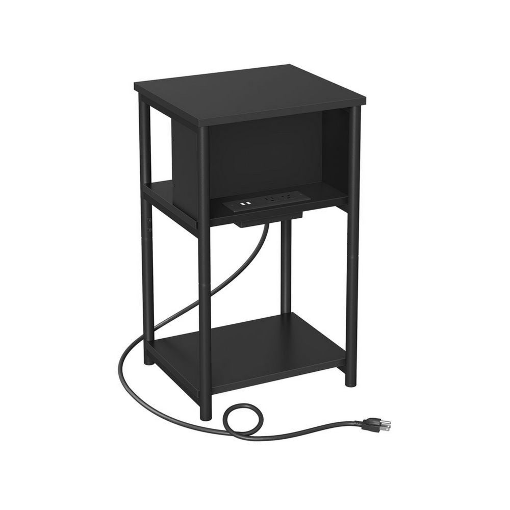 23 Inch Side End Table, USB Charging Point, Open Shelf, Black Steel Wood - BM315831