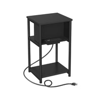 23 Inch Side End Table, USB Charging Point, Open Shelf, Black Steel Wood - BM315831