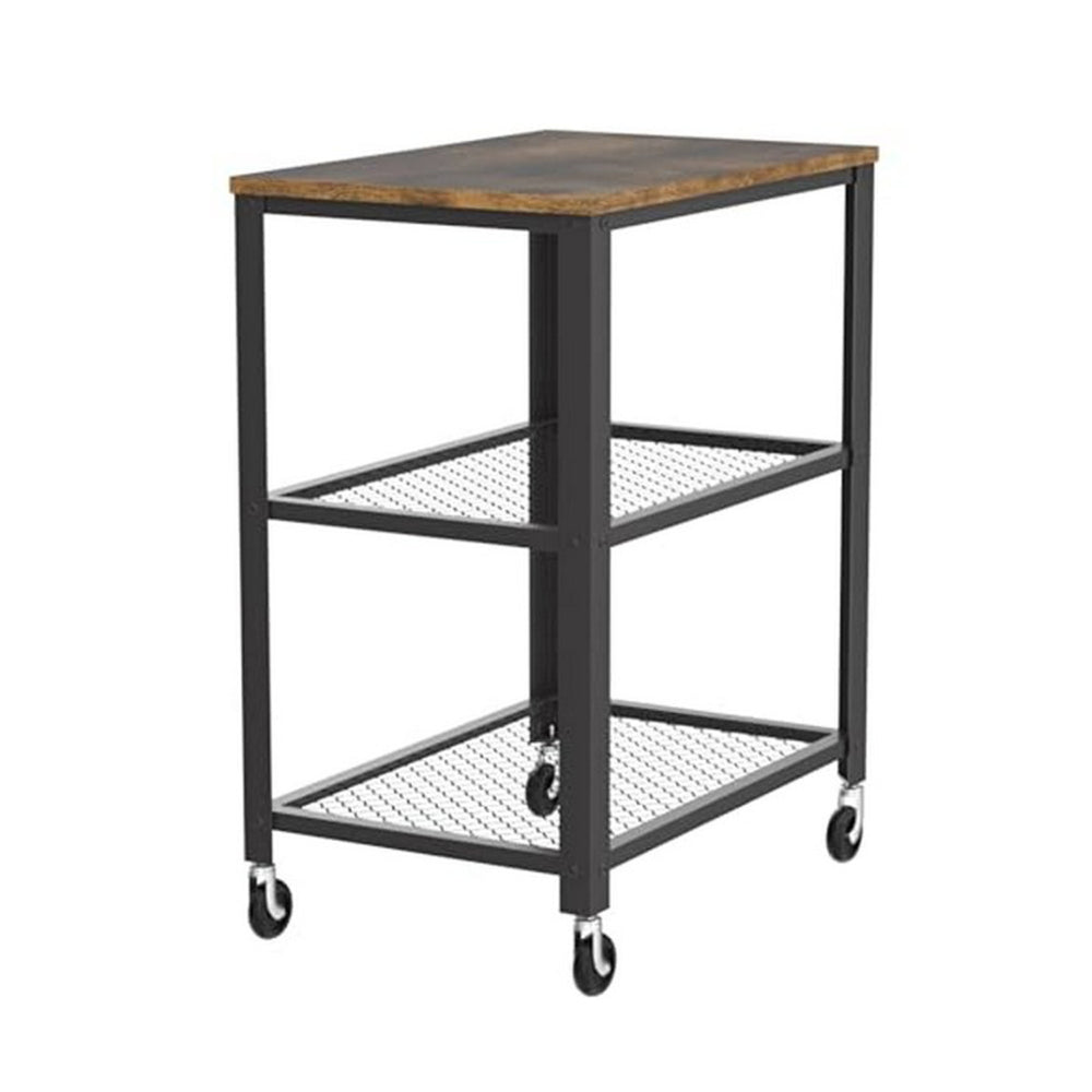 31 Inch Kitchen Rolling Bar Cart, 3 Tier, Brown Wood Top, Black Steel - BM315833