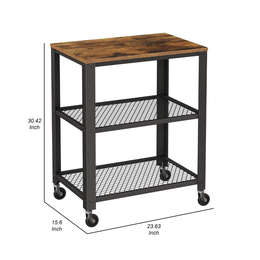 31 Inch Kitchen Rolling Bar Cart, 3 Tier, Brown Wood Top, Black Steel - BM315833