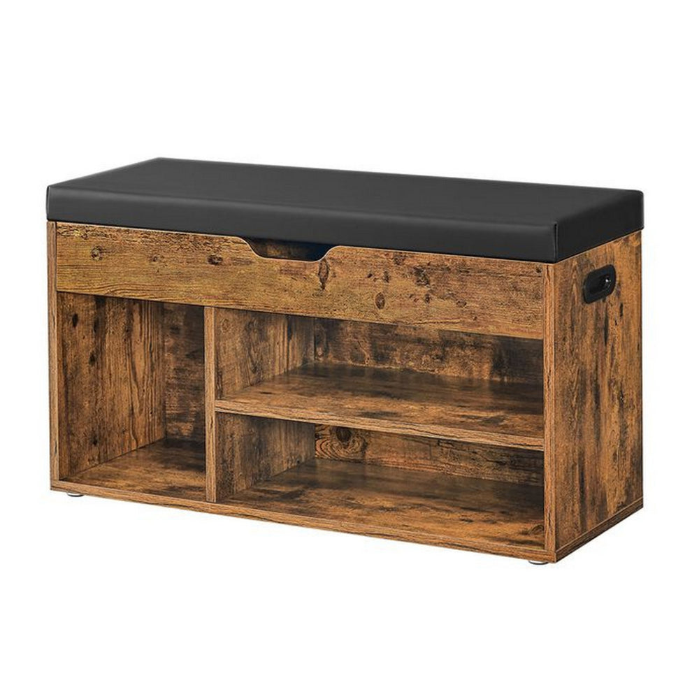 31 Inch Storage Bench with Black Padded Seat, Open Shelves, Brown Wood - BM315835