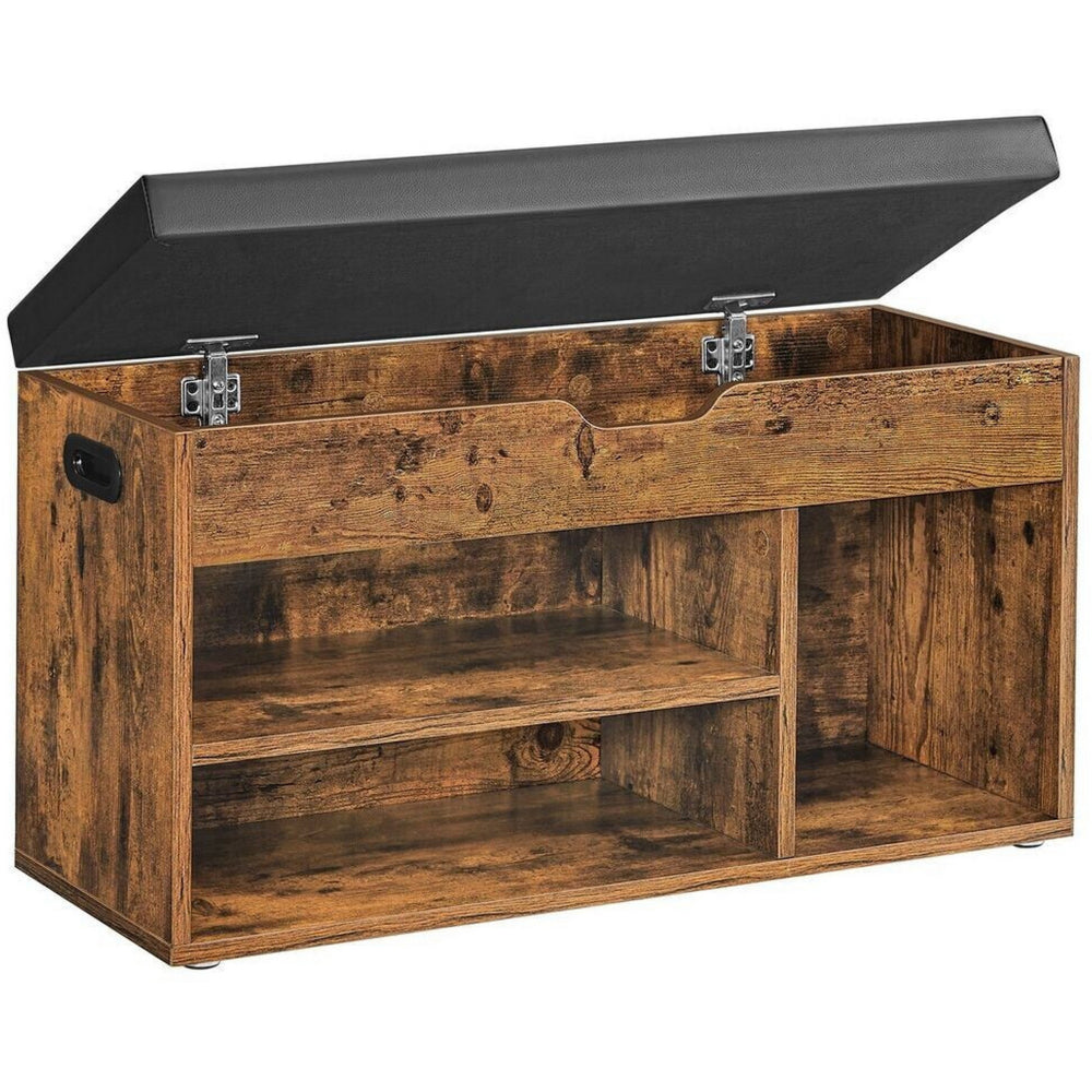 31 Inch Storage Bench with Black Padded Seat, Open Shelves, Brown Wood - BM315835