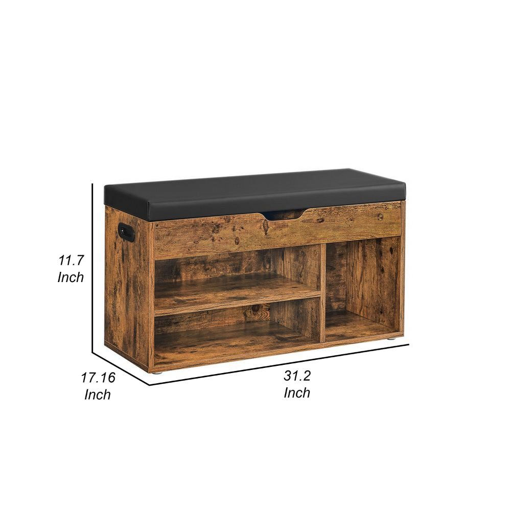 31 Inch Storage Bench with Black Padded Seat, Open Shelves, Brown Wood - BM315835