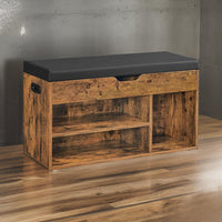 31 Inch Storage Bench with Black Padded Seat, Open Shelves, Brown Wood - BM315835