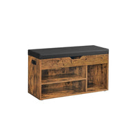 31 Inch Storage Bench with Black Padded Seat, Open Shelves, Brown Wood - BM315835