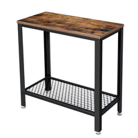 24 Inch Industrial Side Table with Mesh Grid Shelf, Black Steel Brown Wood - BM315836