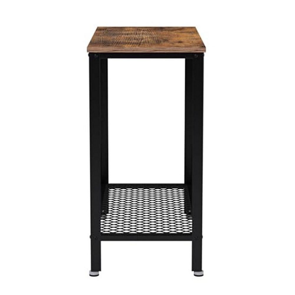 24 Inch Industrial Side Table with Mesh Grid Shelf, Black Steel Brown Wood - BM315836