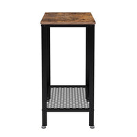 24 Inch Industrial Side Table with Mesh Grid Shelf, Black Steel Brown Wood - BM315836