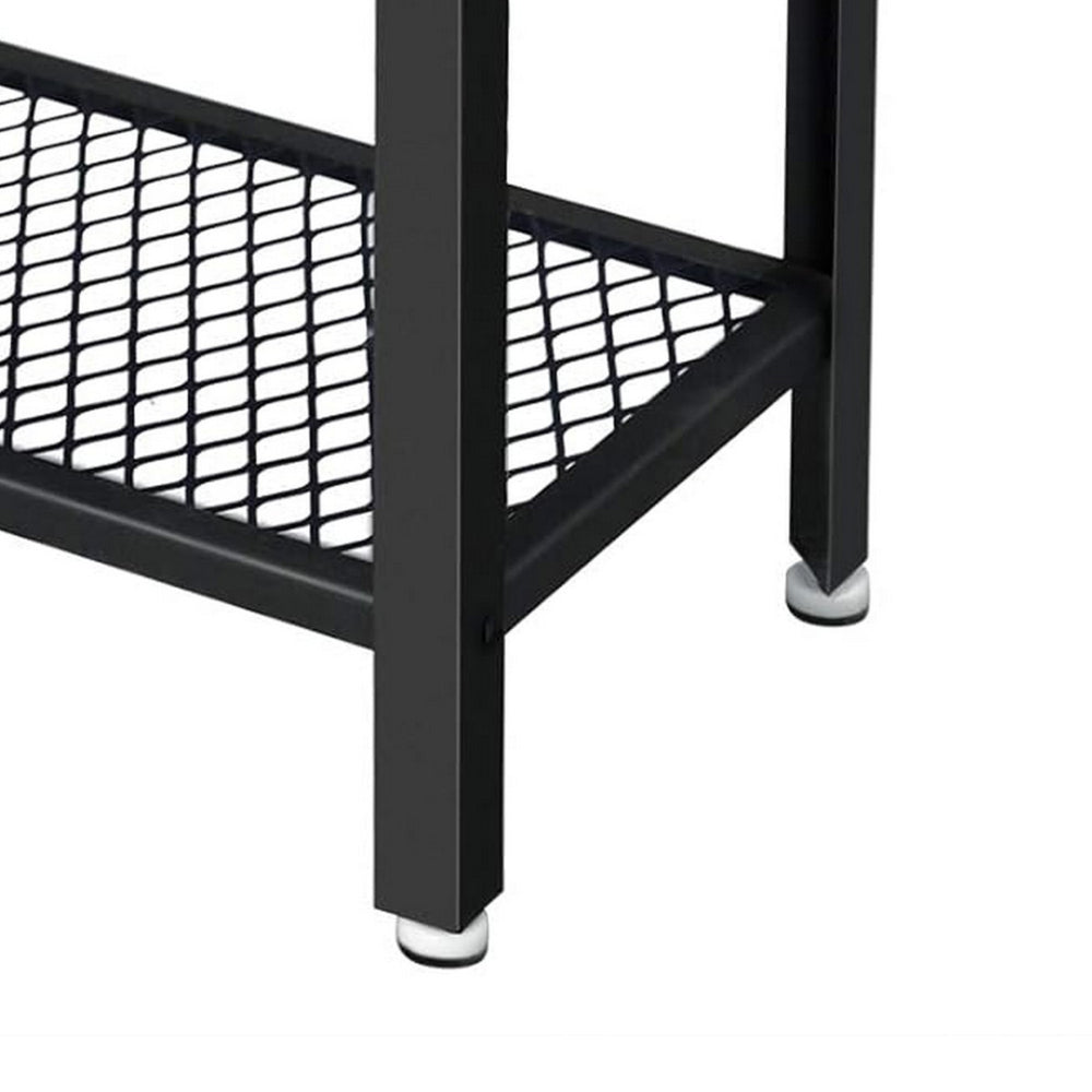 24 Inch Industrial Side Table with Mesh Grid Shelf, Black Steel Brown Wood - BM315836