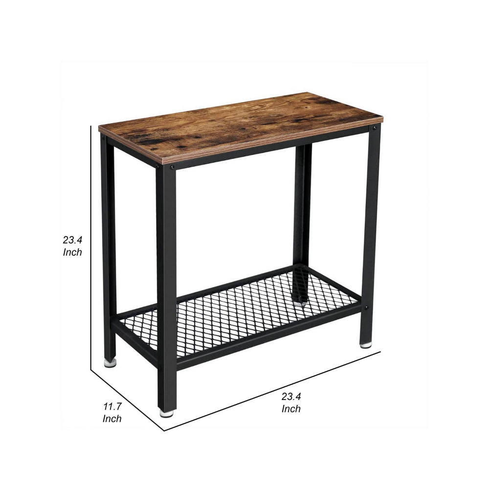 24 Inch Industrial Side Table with Mesh Grid Shelf, Black Steel Brown Wood - BM315836